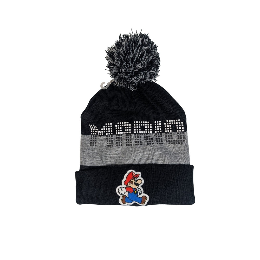 Super Mario Beanie Hat Pom Pom Black Gray Adult One Size Nintendo